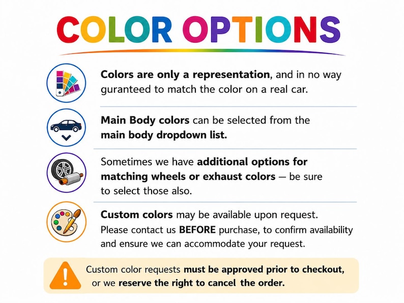 Puede incluir: Gr&aacute;fico con el t&iacute;tulo "COLOR OPTIONS" en colores del arco&iacute;ris. El texto explica la representaci&oacute;n del color, la selecci&oacute;n del color principal, opciones adicionales para ruedas y escape, y solicitudes de color personalizadas.