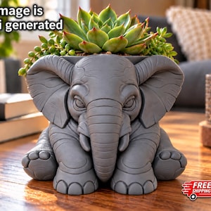 May include: A gray elephant-shaped planter featuring a sculpted trunk, large ears, and textured feet, holding a green succulent plant with reddish tips. The text 'Image is Ai generated' is visible in the upper left corner.
