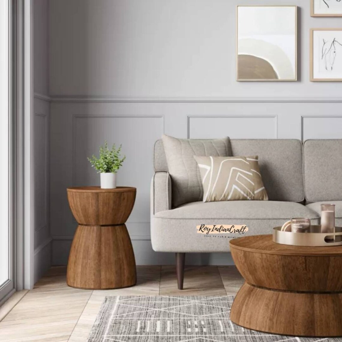 Round Natural Wood Turned Drum Coffee Table Brown Mango Wood Etsy