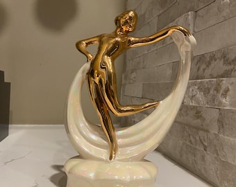 Figurita de cerámica Art Déco vintage de una mujer bailando, de Fleetwood China Souvenir of Florida.