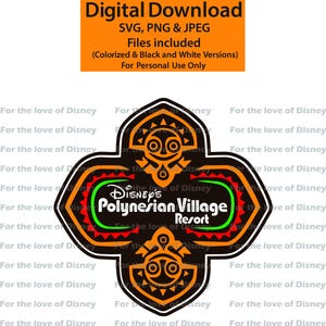 Può includere: Grafica digitale scaricabile con il logo del Disney's Polynesian Village Resort. Il design include arte in stile tribale in arancione, nero e verde, con il nome del resort in bianco. Include file SVG, PNG e JPEG.