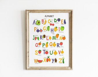 Alphabet with vegetables, fruits and berries, ABC Poster, Instant Download, Educational Prints for Kids, Playroom Decor, Kids Room Wall Art