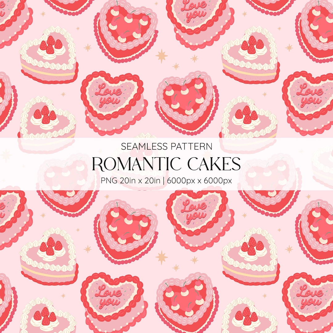 Romantic Heart Cake Valentine’s Digital Illustration Seamless Pattern ...