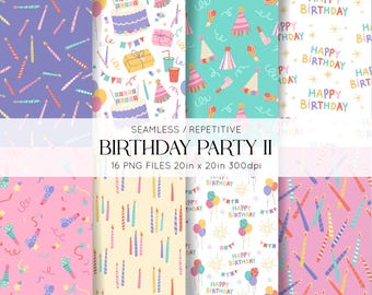 Peut inclure: Plusieurs motifs de fête d'anniversaire sans couture avec des gâteaux, des chapeaux de fête, des bougies, des cadeaux et des ballons. Les motifs sont dans des tons de violet, de sarcelle, de rose et de jaune. Le texte "BIRTHDAY PARTY II" est affiché, avec les détails des fichiers.