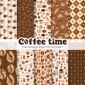 Puede incluir: Una colección de diez patrones digitales sin costuras con ilustraciones temáticas de café, incluyendo granos de café, varias tazas, pasteles y texto como Coffee time, Caffeine Lover y Latte, presentados en tonos marrones y crema.