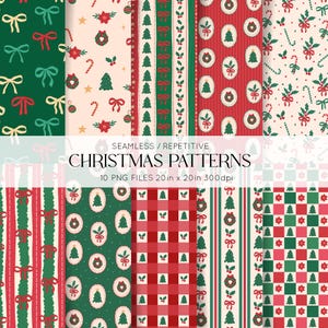 Puede incluir: Una colección de diez patrones navideños sin costuras con lazos, coronas, bastones de caramelo y pinos en rojo, verde y crema. El texto dice SEAMLESS / REPETITIVE CHRISTMAS PATTERNS 10 PNG FILES 50,8cm x 50,8cm 300dpi.
