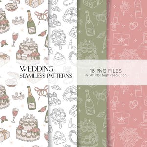 Könnte beinhalten: Hochzeitsthemenlose Muster in Weiß, Grün und Rosa. Die Designs zeigen Champagnerflaschen, Hochzeitstorten, Schwäne und andere Hochzeitsillustrationen. Der Text lautet "WEDDING SEAMLESS PATTERNS" und "18 PNG FILES in 300dpi high resolution."