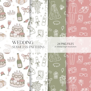 May include: A collection of wedding-themed seamless patterns. The designs include illustrations of wedding cakes, champagne bottles, rings, dresses, suits, and other wedding-related elements. The text on the image reads "WEDDING SEAMLESS PATTERNS" and "24 PNG FILES in 300dpi high resolution."