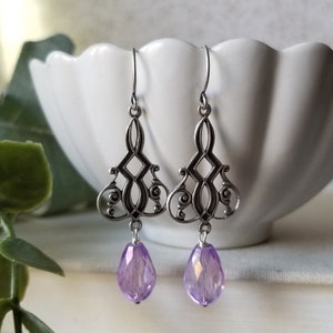Silver Chandelier Dangle Earrings with Lilac Purple Czech Teardrop Glass Beads