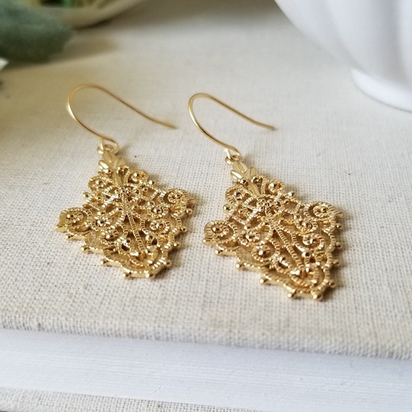 Filigree Lace Earrings in Matte Gold