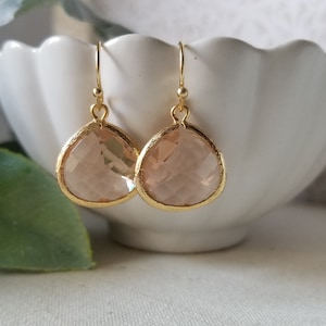 Glass Teardrop Peach Champagne Dangle Earrings in Gold