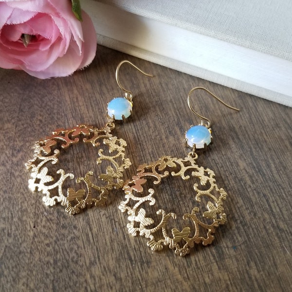 Matte Gold Chandelier Earrings Opal Dangle