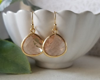 Glass Teardrop Peach Champagne Dangle Earrings in Gold