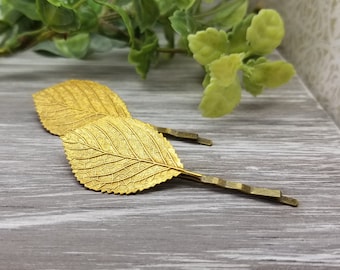 Brass Leaf Hair Pin Set with Birch Leaves