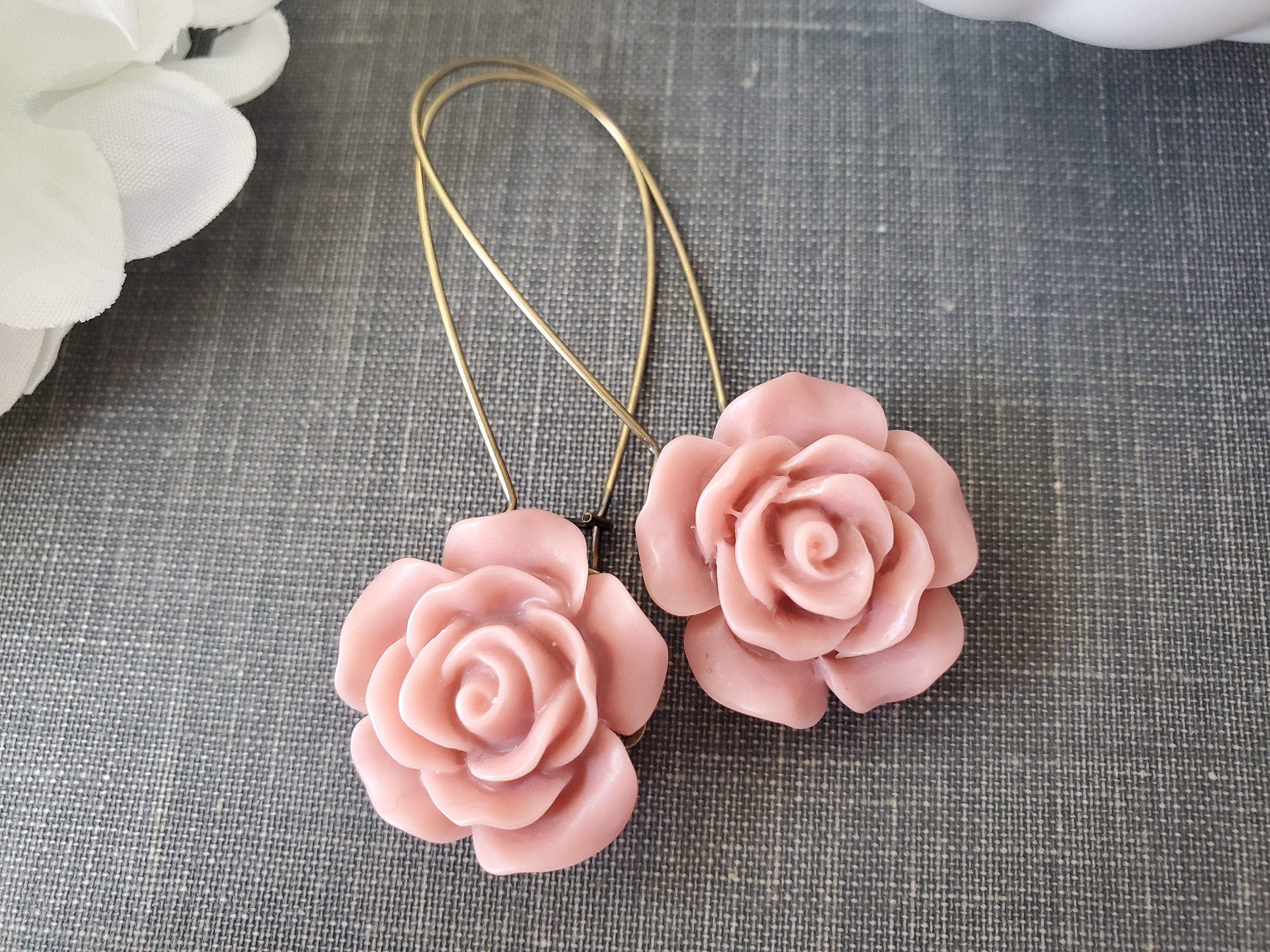 Dusty Rose Flower Earring Dangles in Bronze, Romantic Gift for Her