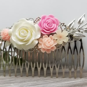 Vintage Style Silver Rose Bridal Hair Comb for Garden Wedding
