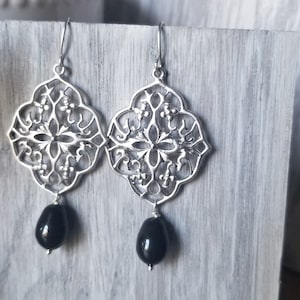Silver Medallion Chandelier filigree earrings with Teardop Swarovski Pearls