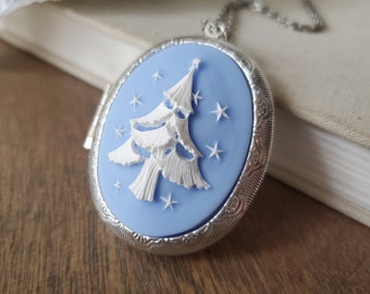 Light Blue Christmas Tree Cameo Locket in Silver