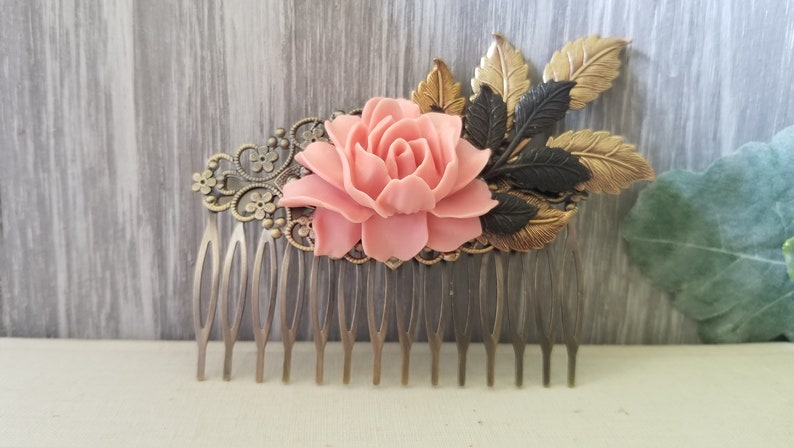 Vintage Style Bronze Hair comb Peach Garden Rustic Wedding Rose Flower