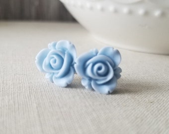 Rose Stud Earrings in Light Blue