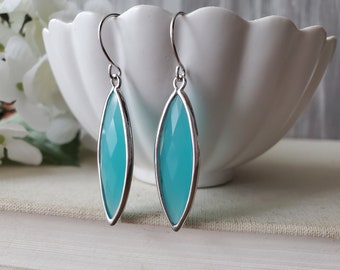 Aqua Blue Marquis Dangle Earrings in Silver Rhodium