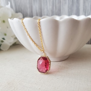 Ruby Necklace in Gold, Fuchsia Glass Pendant, July Birthday Gift for her