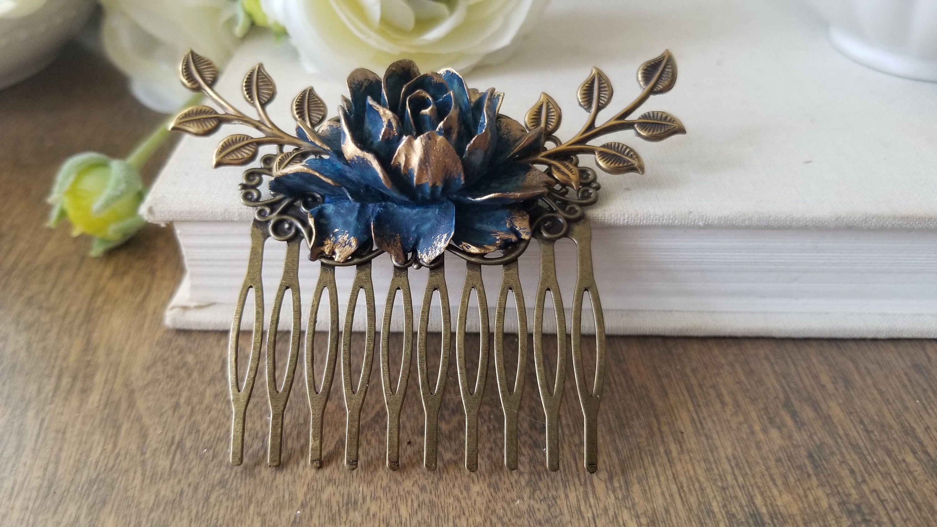 Vintage Style Bronze Hair Comb Navy Blue and Gold Rustic Etsy