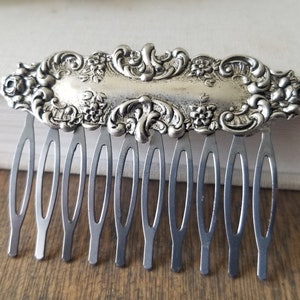 Embossed Floral Vintage Style Hair Comb in Antique Silver