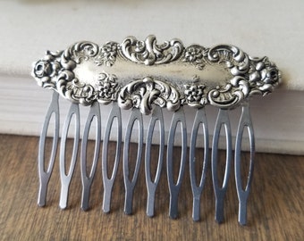 Embossed Floral Vintage Style Hair Comb in Antique Silver