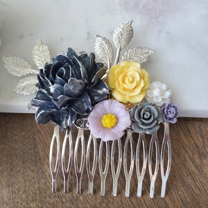 Gray Rose Bridal Hair Comb in Silver for Purple and Yellow Garden Wedding