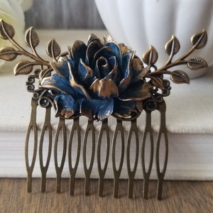 Vintage Style Bronze Hair comb, Navy Blue and Gold Rustic Garden Wedding