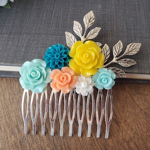 Silver Floral Hair comb, Rose Flowers, Yellow and Aqua Garden Rustic Wedding