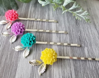 Silver Leaf Branch Bobby Pins, Colorful Flower Woodland hair accessories, gift for her