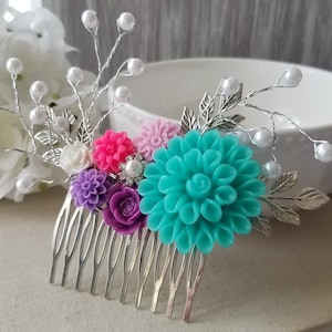 Aqua and Purple Rose Bridal Hair Comb in Silver for Garden Wedding