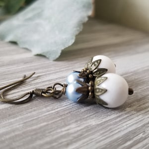 Vintage Style Quartz Stone Dangle Earrings in Bronze Patina