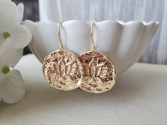 Lotus Flower Dangle Earrings in 18k Gold Finish Brass