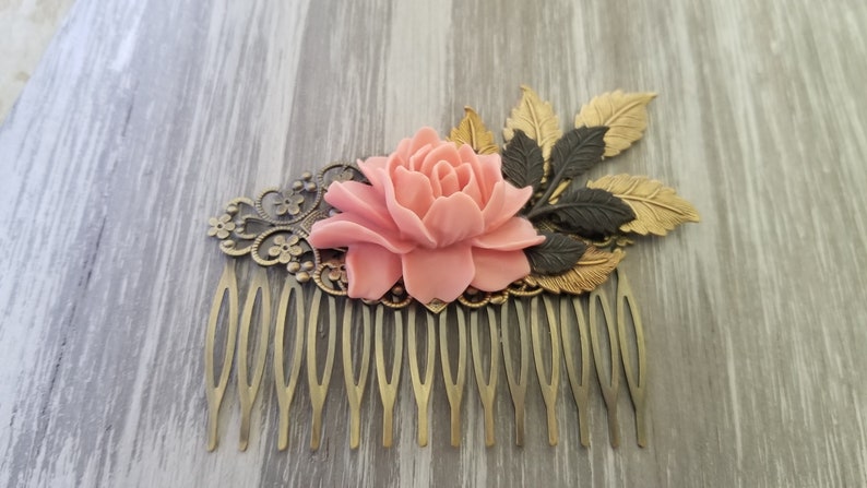 Vintage Style Bronze Hair comb Peach Garden Rustic Wedding Rose Flower