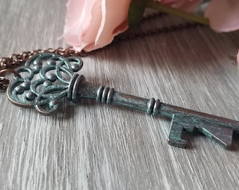 Vintage Style Copper Antique style key necklace, romantic gift for her, verdigris patina jewelry