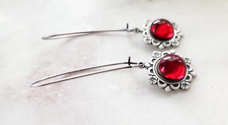 Ruby Red Dangle Earrings in Vintage Silver Finish - Etsy
