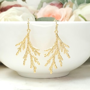 Cypress Branch Dangle Statement Earrings in Gold