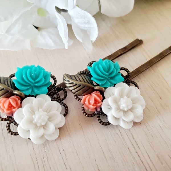 Vintage Style Teal and White Floral Cabochon Bobby Pin Set in Bronze