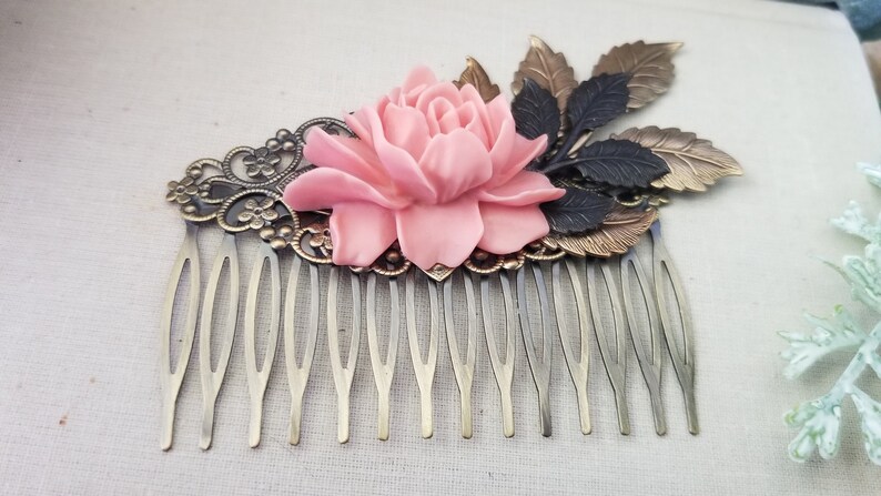 Vintage Style Bronze Hair comb Peach Garden Rustic Wedding Rose Flower