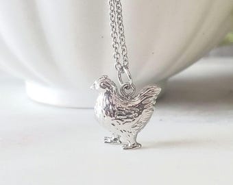 Hen Necklace in Silver Rhodium, Chicken Farmstead Gift, Farm Animal Inspired