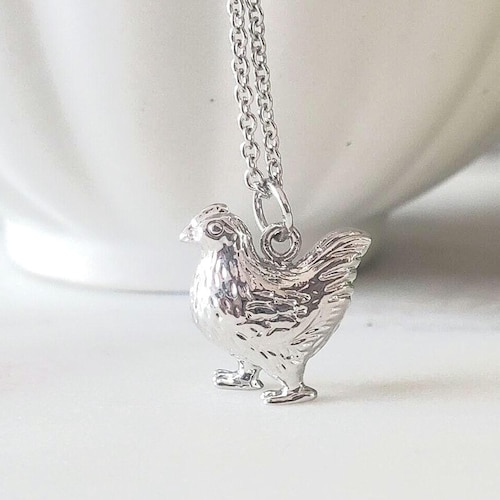 Hen Necklace in Silver Rhodium, Chicken Farmstead Gift, Farm Animal Inspired