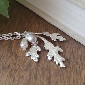 Oak Leaf and Acorn Necklace in Silver Rhodium, Autumn Gift for Her