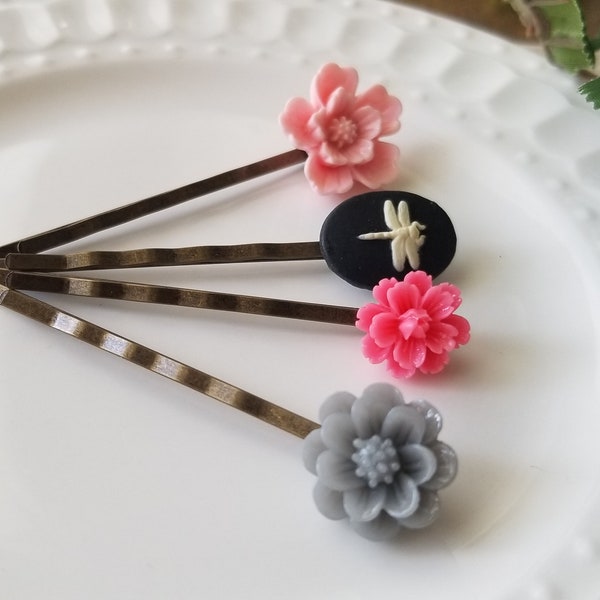 Dragonfly and Flower Bobby Pin Set in Bronze