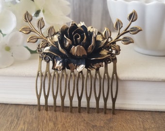 Vintage Style Bronze Hair comb,  Black and Gold Rustic Garden Wedding