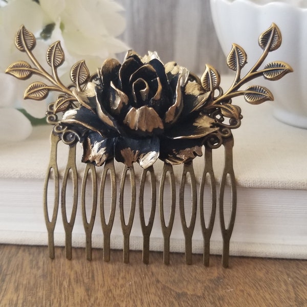 Vintage Style Bronze Hair comb,  Black and Gold Rustic Garden Wedding