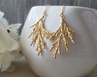 Cypress Branch Dangle Statement Earrings in Gold