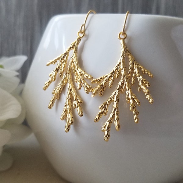 Cypress Branch Dangle Statement Earrings in Gold